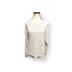 Women’s XL Reitmans White Lace Front Sweater with Light Gray Sweatshirt Sleeve